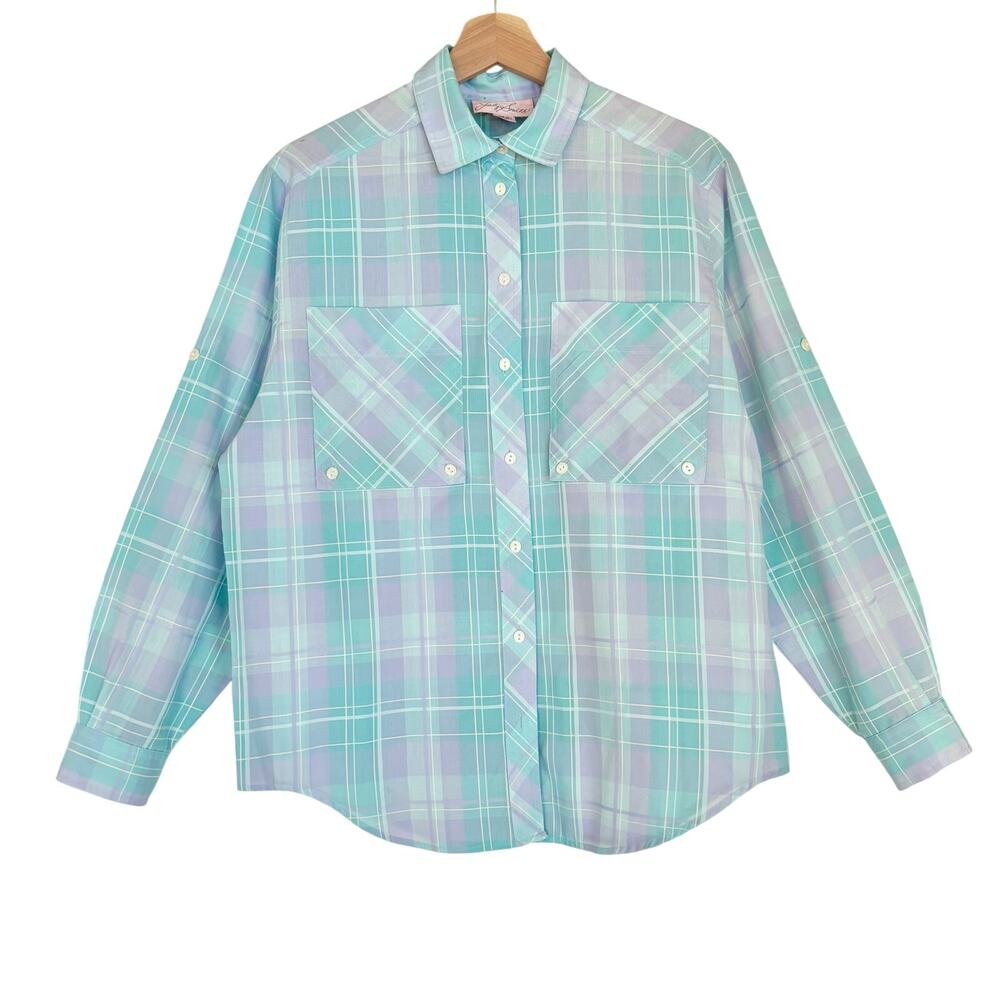 Vintage Pastel Plaid Button Down Shirt Preppy Cottagecore Grandmacore SZ Medium
